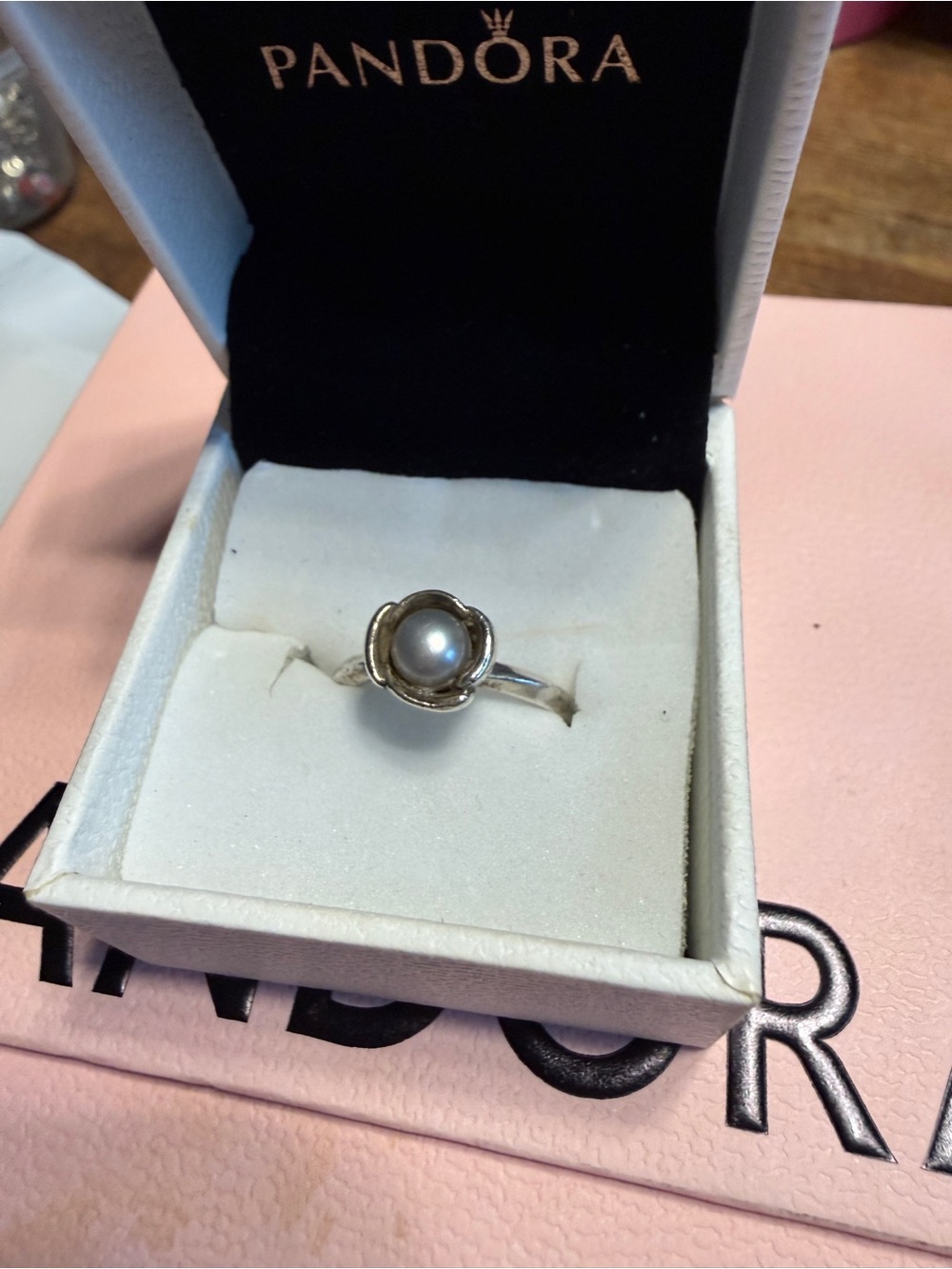 Pandora Retired Sterling Silver Gray Freshwater Pearl Ring. Size 7